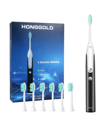 HONGGOLD Sonic Toothbrush for Adults and Kids  Electric Toothbrushes 5 Modes Smart Timer Tooth Brush Electric Set 6 Brush Heads  Waterproof IPX7  Sonic Electric Toothbrush  Black