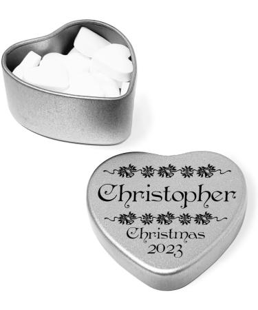Luxury Personalised Christmas 2023 Place Settings for the table personalised heart shaped tin festive holly bells design Filled with White Heart Shaped Mints after Christmas dinner - Buy Online on GoSupps.com
