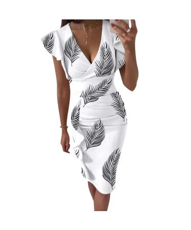 Briskorry V-neck flowers case of kneeling business dresses women summer elegant bustier festival dresses sexy ruffled hems moored sleeves tightness party dress vintage dress xxl white