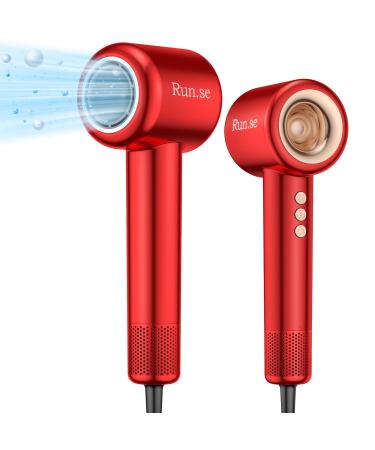 RUN.SE Hair Dryer with Smooth Nozzle Negative Ionic Blow Dryer with 110 000 RPM Brushless Motor 4 Heating / 3 Speed 1500W High-Speed Hairdryer Low Noise for Home & Travel (Red)