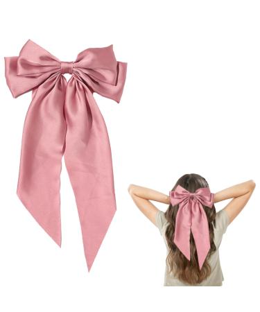 Pink Hair Bow Big Bow Hair Barrette Clips Soft Satin Silky Bowknot with Long Tail French Barrette Solid Color Large Bowknot Hairpin Hair Clip Hair Bows for Women Girls Teens