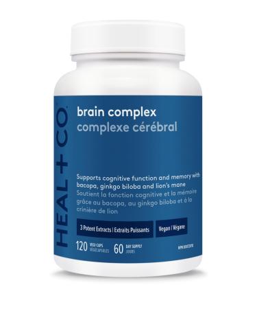 HEAL + CO. Brain Complex | 3 Potent Extracts Bacopa Ginkgo Biloba & Lion's Mane | Memory + Cognition Supplement | 120 Capsules