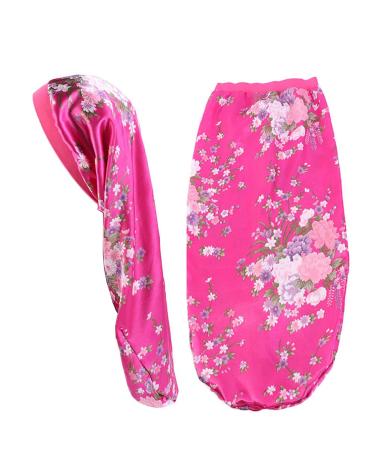 Extra Long Satin Bonnet Sleep Cap Long Bonnet for Braids Hair Loose Cap (Fuchsia Flowers)