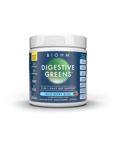 BIOHM Essential Digestive Greens Green Superfood Powder with Antioxidants Vitamins and Probiotics Super Greens Digestion Supplement with Enzymes Ashwagandha Spirulina Chlorella Berry Flavor