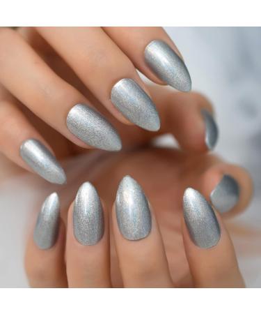 Laser Metallic Silver Wire Texture Artificial Nails - Short Almond Glossy Gel - 24pcs Acrylic Full Cover Kit - International Shipping - Buy Online on GoSupps.com