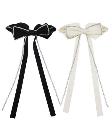 2 PACK Hair Bows Sparkly Rhinestone Tassel Hair Clips Barrettes Bowknot with Long Brocade Tassel Ribbon Claw Hair Accessories for Women and Girls (Black and White)