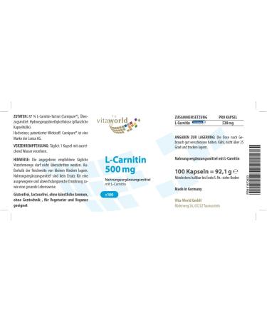 Buy Pack of 3 Vita World L-Carnitine 500mg - 300 Vegan Capsules | International Shipping | Enhance Energy & Metabolism - Buy Online on GoSupps.com