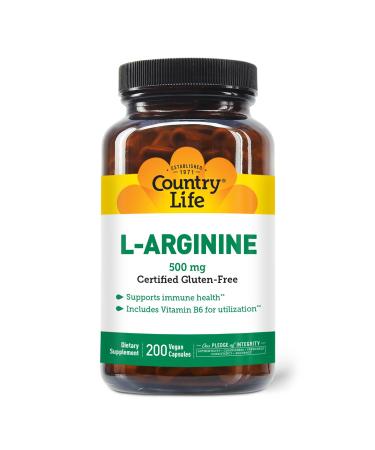 Country Life L-Arginine Caps with Vitamin B-6 500mg 200 Vegan Capsules Certified Gluten Free Certified Vegan 200 count (Pack of 1)