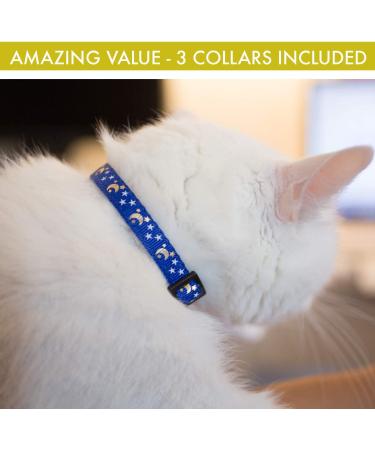 Cat Collar Stars & Moon 4-Pack - Reflective with Bell, Safe Nylon Breakaway Collars for Cats - Free Replacement - Black/Red/Blue/Purple - Buy Online on GoSupps.com