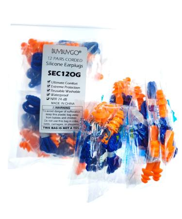 12 Pairs Corded Silicone Ear Plugs - Individually Wrapped - Reusable Noise Cancelling Earplugs for Hearing Protection - Shooting Range Noise Reduction  Construction Work  Hunting Ear Protection