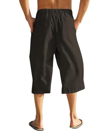 COOFANDY Men Cotton Linen Capri Pants - Drawstring Baggy Harem Yoga Beach Pants, Dark Brown - Buy Online on GoSupps.com
