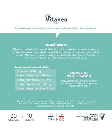 Ultradigest Bloating - Gastrointestinal Comfort - Charcoal Purple Fennel Melissa Ginger - Facilitates Digestion - 30 Vegetable Capsules - 10 Days - Made in France Vitavea - Buy Online on GoSupps.com