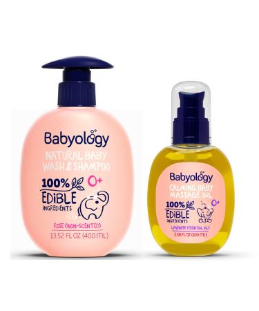 Babyology Bundle - Calming Baby Oil & Rose Baby Wash & Shampoo - Good for Sensitive Skin - Non Toxic