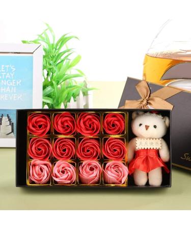 12 Rose Flower Soap Gift Box with Plush Bear - Romantic Valentine s Day Gift (Red 23.5x12x5cm) - International Shipping - Buy Online on GoSupps.com