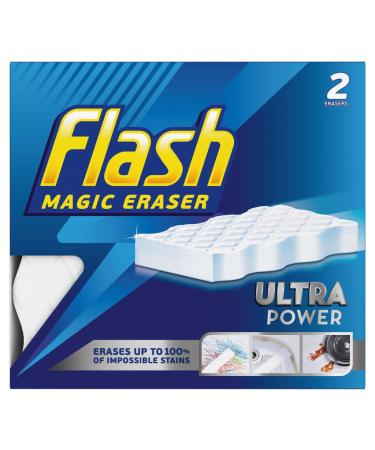 Flash Pack of 2 ultra powerful magic erasers that remove stains such as crayons on walls, grease on stovetops or dirt on wheel hubs.