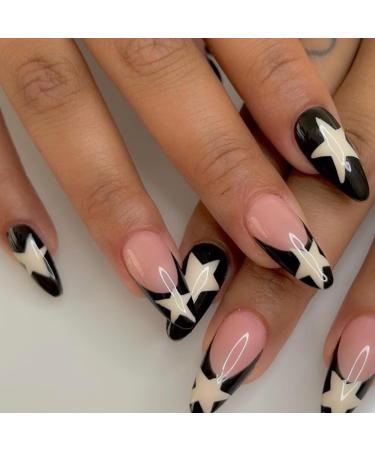 Diduikalor French Tip Press on Nails Medium Fashion Fake Nails White Stars Design Almond Shape Black Acrylic Fake Nails for Women (24pc) MT-JZJ-LF-1JP2292