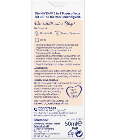Nivea 5 in 1 Day Care BB Cream SPF 15 - Tinted Moisturizer for Light Skin with Organic Jojoba Oil | 24h Hydration & Makeup Pigments - Buy Online on GoSupps.com