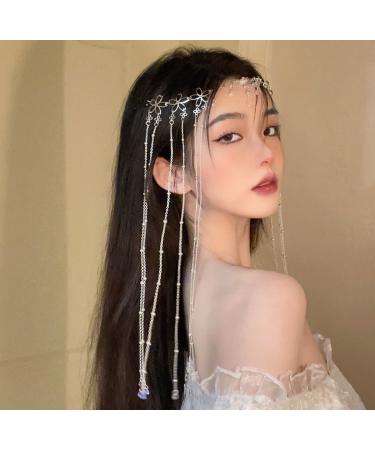 E EMZHOLE Ethnic style Headband Head Chain with Beaded Fairy Hair Forehead Chain Crystal Headband Face Curtain Hair Accessories for Womens and Girls (01)