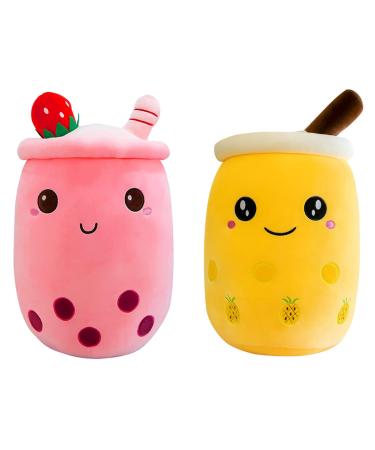 SPIRTUDE 2Pcs Boba Plush Strawberry Plushie Stuffed Bubble Tea Plushies Milk Tea Cup Shaped Hugging Cushion Gift for Girlfriend Adult 24cm 9.4"/24cm Pineapple+strawberry Plush