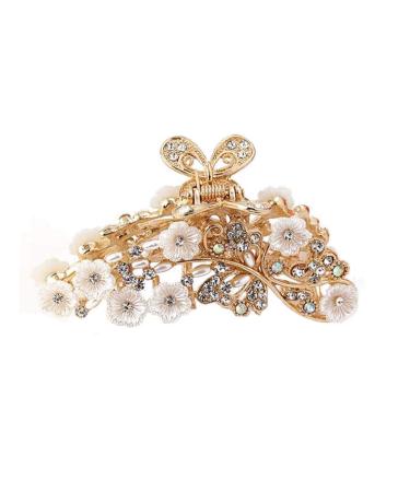 Elegant hollow metal carving hair clip retro imitation pearl jaw clip rhinestone hair clamp hairpin for women (gold)