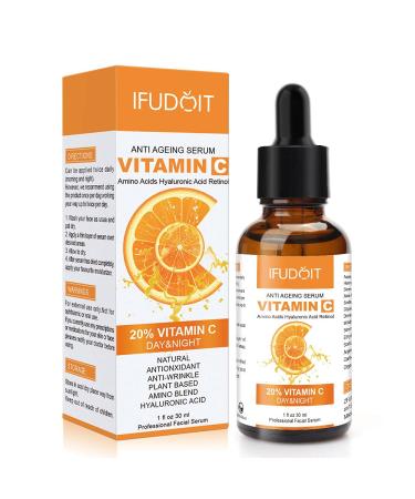 Anti Aging Serum 20% Vitamin C Serum for Face Plant Based Anti Wrinkle & Dark Circle Serum with Antioxidant Amino Blend and Hyaluronic Acid for Day & Night. 1 Fl. Oz