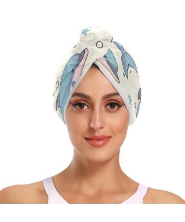 Blue Dolphins Hair Towel 2 Pack Super Absorbent Hair Drying Towel Quick Dry Hair Turbans Head Towel with Button Twisty Wrap for Women Girls