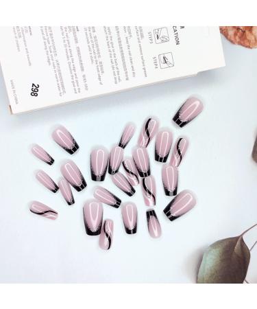 Square Black French Tip Press on Nails - 24Pcs Medium Length Full Cover Acrylic Fake Nails for Women and Girls - Buy Online on GoSupps.com
