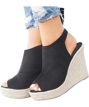 Womens Casual Summer Wedge Sandals | Open Toe Ankle Strap Platform Sandals | Comfortable Walking Beach Shoes - Black, Size 8.5 - Buy Online on GoSupps.com