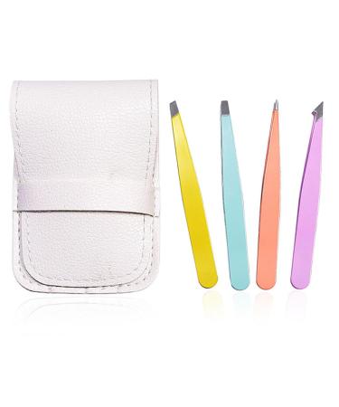 4Pcs Tweezers Eyebrow Professional Stainless Steel Tweezers Set with Angled Tweezers Pointed Tweezers and Leather Case Precision Tweezers for Ingrown Hair Facial Hair Blackhead Remover
