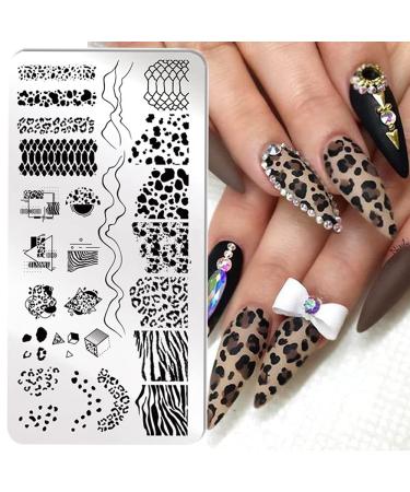 Snake Leopard Print Animal Nail Stamping Plates Geometric Lines Flowers Cow Design Image Printing Plates Stencil Stamp Tool Lace Wave French Line Stamping Plates for Cow Print Nails(J054)