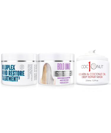 Purple Hair Mask - For Blonde, Platinum, Bleached, Silver, Gray, Ash & Brassy Hair, BoldPlex 3 Hair Treatment, and Coconut Hair Mask Bundle - Paraben & Sulfate free, Cruelty-free & Vegan