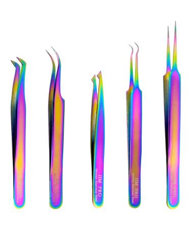 JIM PRO Eyelash Extension Tweezers Set 5 PCS for Eyelash Extensions Stainless Steel Lash Tweezers for Volume Lash Extensions - Multicolor