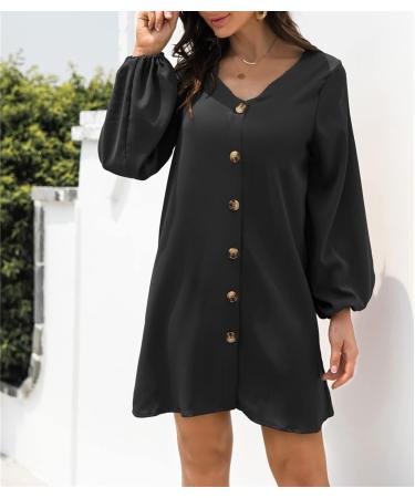 Shop Stylish Black V-Neck Lantern Sleeve Casual Dress for Women - Knee-Length XL Solid Color Button Dress - Buy Online on GoSupps.com