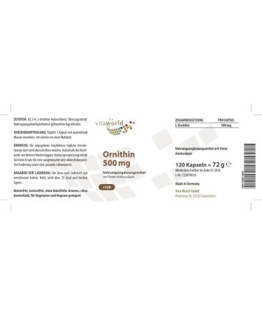 Buy Vitaworld L-Ornithine 500 mg - Vegan 120 Capsules | Best Price & Fast International Shipping - Buy Online on GoSupps.com