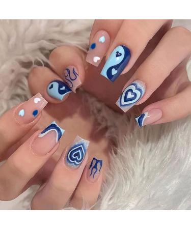 24Pcs Press on Nails Short Square Fake Nails Blue Heart Flame Glossy False Nails French Glossy Stick on Nails with Glue Stickers Reusable for Women and Girls