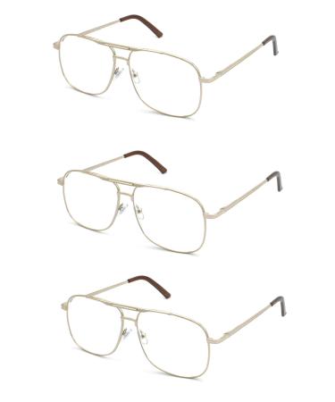 Readers Metal Frame Square Aviator Style Geek Reading Glasses for Men 3pk-gold 1.5 Diopters