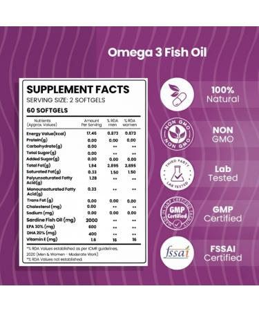 Omega 3 Fish Oil | Omega 3 Fish Oil Capsules for Women and Men | Triple Strength Fish Oil | Burpless EPA 600 - DHA 400 Supplement 60 Softgel Capsules - Buy Online on GoSupps.com