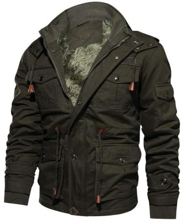 Hanxiulin Men's Fleece Plush Jacket - Warm Oversized Zippered Winter Coat with Hood | Perfect for Hiking & Cold Weather Army Green - Buy Online on GoSupps.com