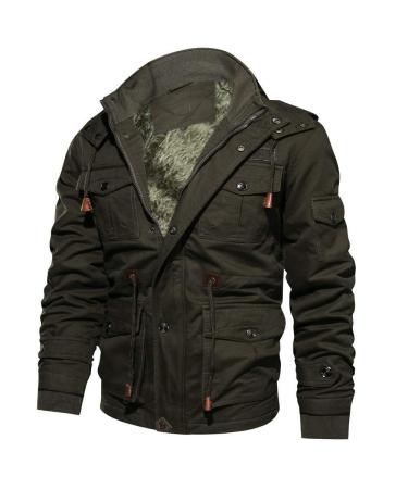 Hanxiulin fleece plush jacket fluffy warm zipper wool jacket hiking jacket men long arm winter coat jacket oversized bubble fleece jacket men trench coat with hooded plush jacket army -green m