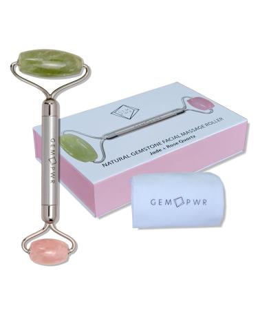 GEM PWR Rose Quartz + Jade Roller for Face and Neck Massage  Dual Gemstones with Durable Steel Handle and Travel Bag. Minimize Wrinkles  Reduce Puffiness and Restore Skin's Elasticity and Radiance Jade + Rose Quartz