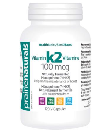 Prairie Naturals Vitamin K2 Mk-7 100mcg helps in the maintenance of bones - 120 Vegan capsules Unflavored 120 count (Pack of 1)
