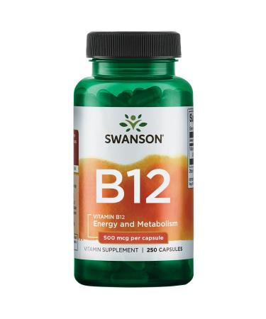 Swanson Vitamin B12 (Cyanocobalamin) - Vitamin Supplement Promoting Energy Metabolism Nervous System Health & Heart Support - Supports Red Blood Cell Formation (250 Capsules 500mcg Each)