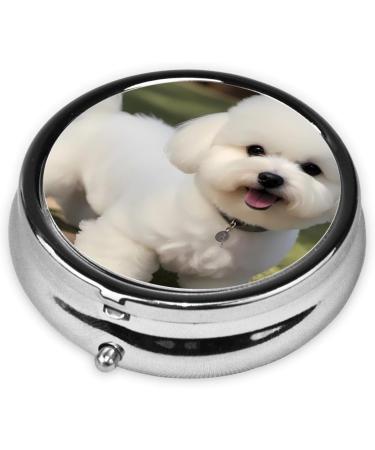 Round Pill Box | Mini Travel Medicine Organizer | Bichon Frise Dog Prints - Perfect for Purse & Pocket - Buy Online on GoSupps.com