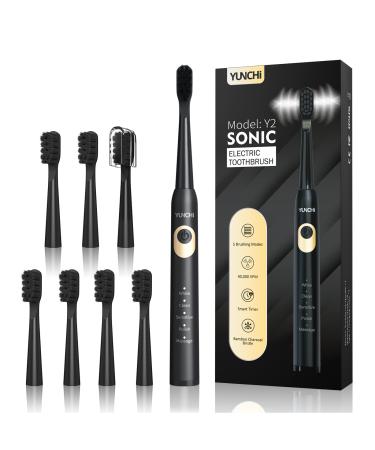 Charcoal Sonic Electric Toothbrush for Adults Kids, YUNCHI Y2 Rechargeable Toothbrushes Whitening Toothbrush, Deep Clean & Fresh Breath, 5 Modes, Smart Timer Electric Tooth Brush, 8 Brush Heads, Black sonic electric toothbrush H- Charcoal Bristles -8 Brus