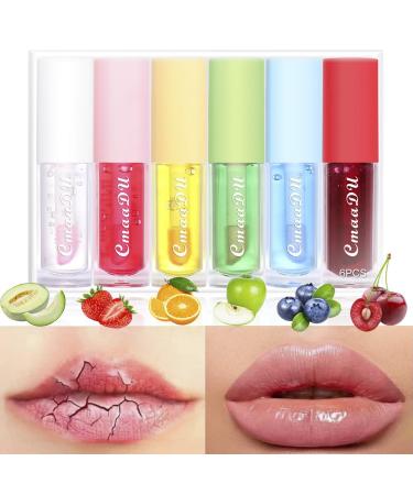 HSLFUAI 6 Pieces Fruit Flavoured Plumping Lip Oil Nourishing Lip Balm Lip Filler Gel for Dry Lips Moisturising Moisturizing and Waterproof