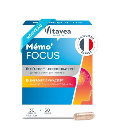 VITAVEA BIEN-ETRE - Mémo'Focus - Nutritional supplement memory, concentration and vitality - Bacopa, Caffeine, Zinc, Vitamin B1, Vitamin C, Ginseng - 30 capsules - 30 days - Made in France