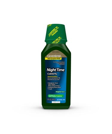 GoodSense Nighttime Cold and Flu Liquid Medicine 6 Hour Relief of Fever Sore Throat Sneezing Runny Nose Cough Original Flavor