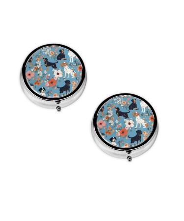 (Border Collie Florals) Round Pill Box 3 Compartment Pill Box Mini Decorative Pocket Purse Portable Travel Medicine Tablet Vitamin Holder Organizer Pill Case