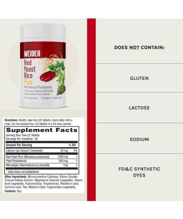 Weider Red Yeast Rice Plus 1200 mg â€“ Natural Cholesterol Support Supplement - Buy Online on GoSupps.com