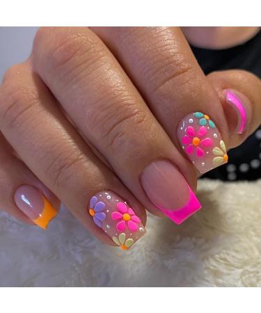 24PCS Press on Nails Medium Square French False Nails with Floral Designs Nude Pink Acrylic French Nail Tips Glossy Nail Decorations Artificial Full Cover Glue on Nails Stick on Nails for Women Girls